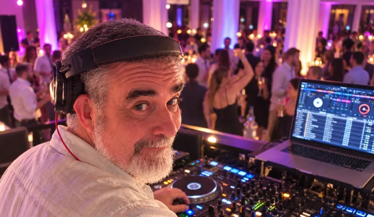 DJ 2RO at the DJ booth during a gala with pink uplighting and a dancing crowd