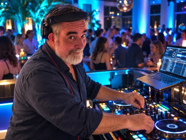 DJ 2RO mixing on a DJ controller at a nightclub party under blue lights