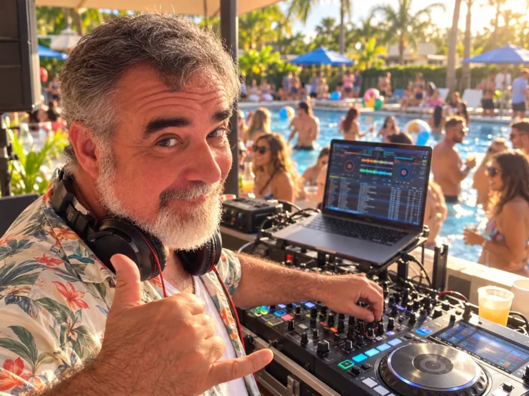 DJ 2RO giving a shaka sign from the DJ booth at a sunset pool party