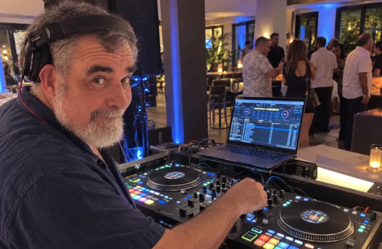 DJ 2RO mixing at a restaurant event with blue uplighting