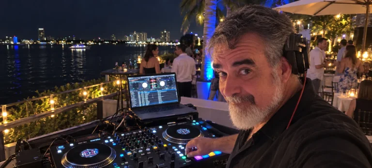 DJ 2RO at a Serato controller during a waterfront evening event with the bay and skyline behind