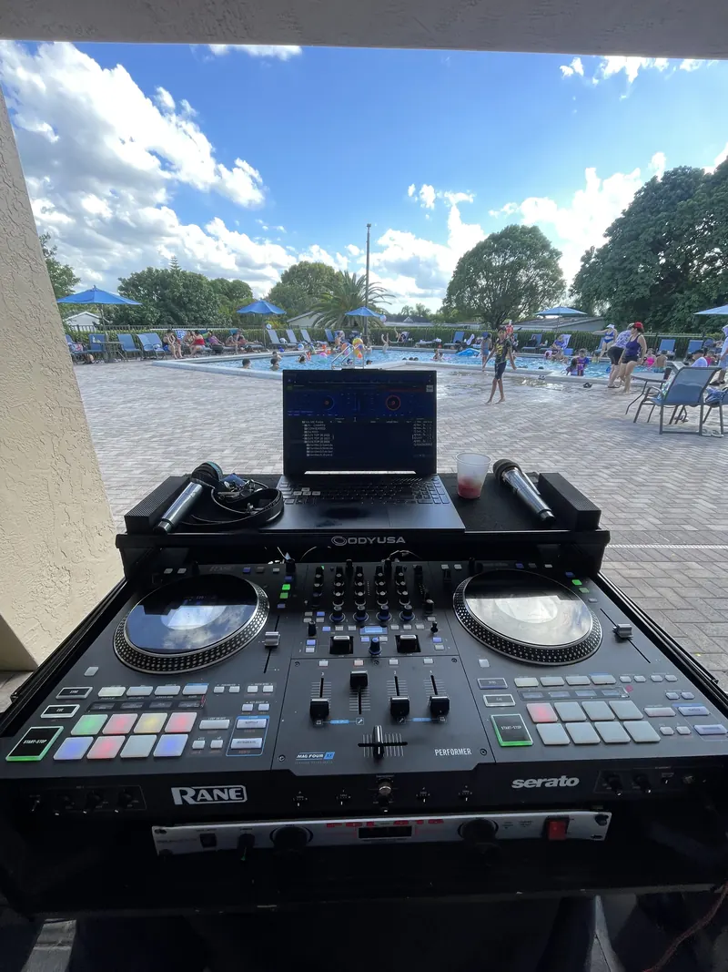 Rane Performer DJ controller set up poolside for a community pool party
